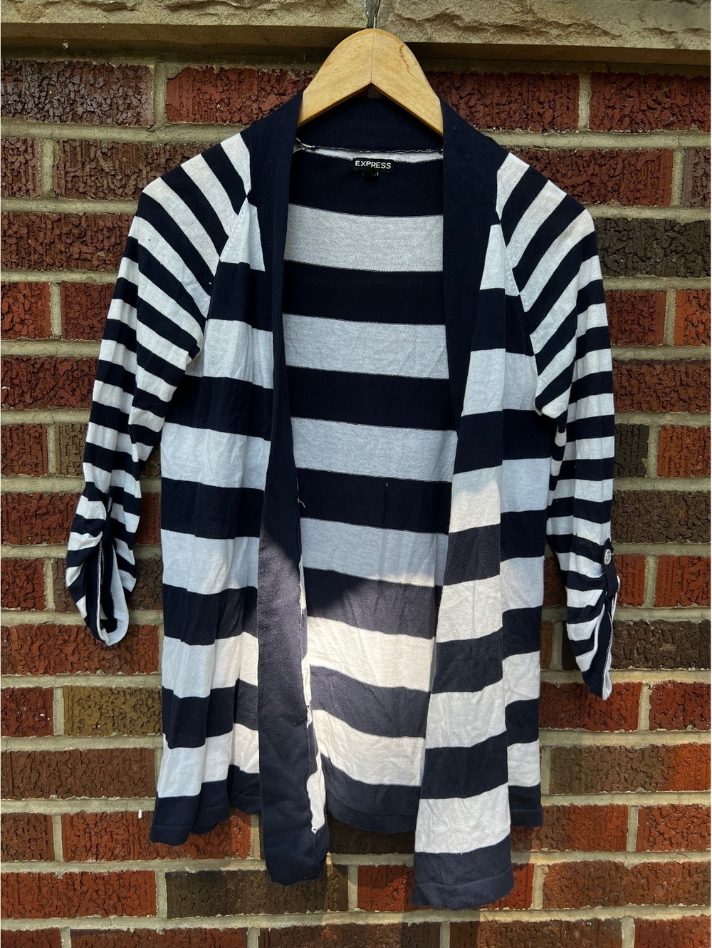 Express Navy Blue and White Striped Open Sweater Cardigan